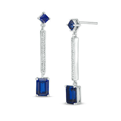 Lab-Created Blue Sapphire and 0.09 CT. T.W. Diamond Linear Drop Earrings in Sterling Silver