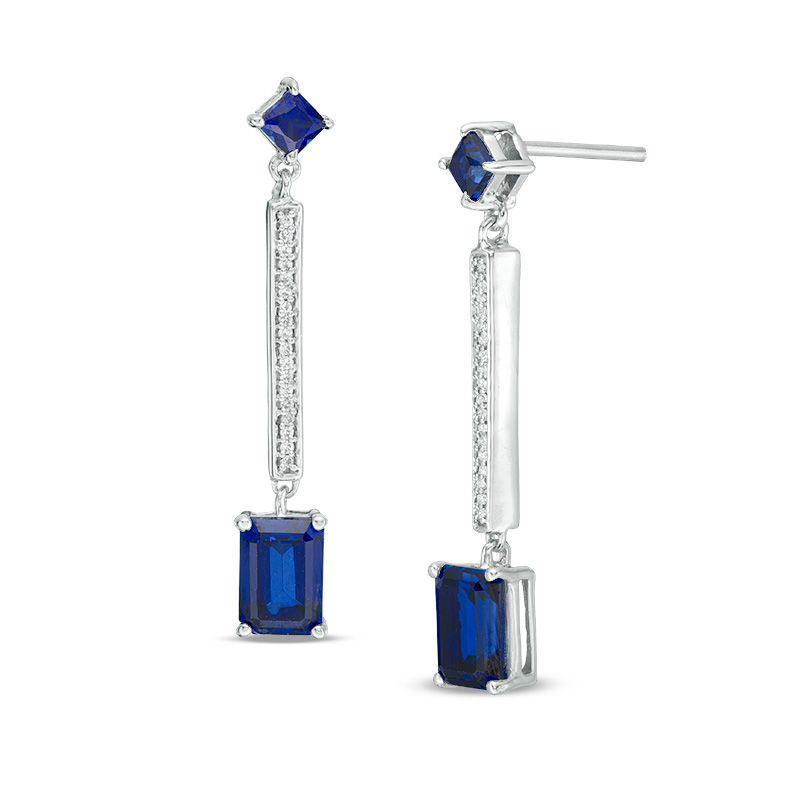 Lab-Created Blue Sapphire and 0.09 CT. T.W. Diamond Linear Drop Earrings in Sterling Silver|Peoples Jewellers