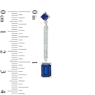 Lab-Created Blue Sapphire and 0.09 CT. T.W. Diamond Linear Drop Earrings in Sterling Silver