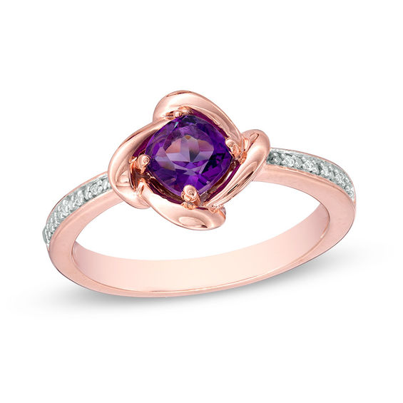 5.0mm Cushion-Cut Amethyst and Diamond Accent Tilted Swirl Frame Ring in 10K Rose Gold