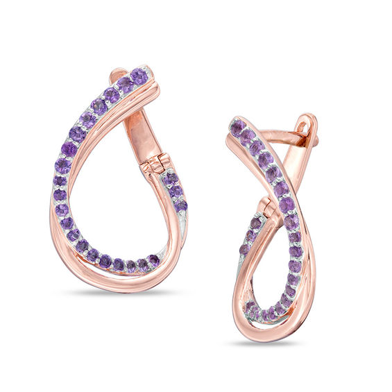 Amethyst Twist Teardrop Hoop Earrings in 10K Rose Gold