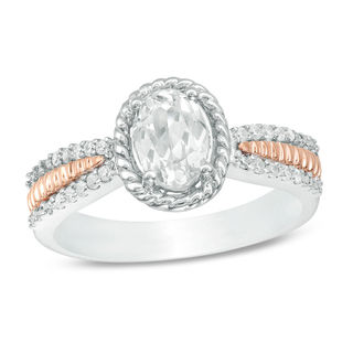 Oval Lab-Created White Sapphire and 0.09 CT. T.W. Diamond Rope Frame Ring in Sterling Silver and 10K Rose Gold