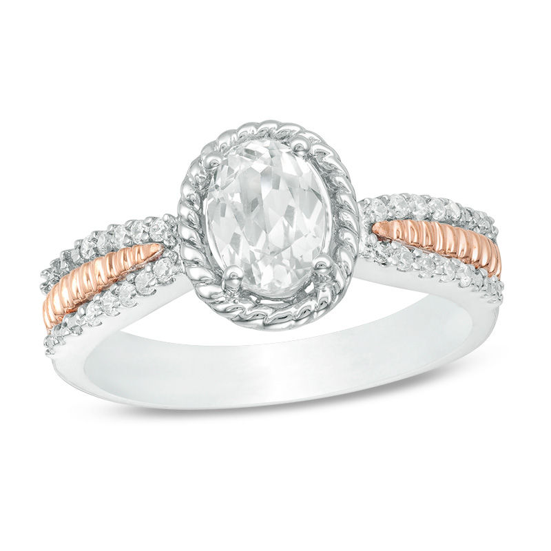 Oval Lab-Created White Sapphire and 0.09 CT. T.W. Diamond Rope Frame Ring in Sterling Silver and 10K Rose Gold|Peoples Jewellers