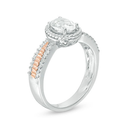 Oval Lab-Created White Sapphire and 0.09 CT. T.W. Diamond Rope Frame Ring in Sterling Silver and 10K Rose Gold