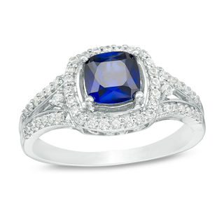 6.0mm Cushion-Cut Lab-Created Blue Sapphire and 0.30 CT. T.W. Diamond Frame Ring in 10K White Gold