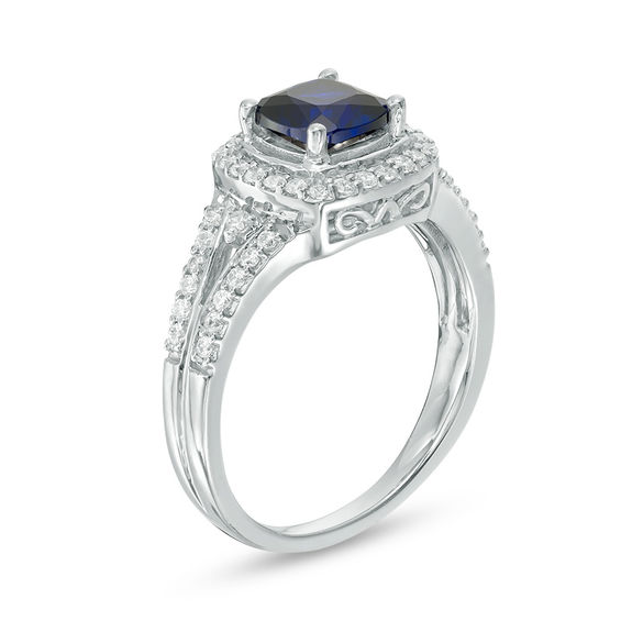 6.0mm Cushion-Cut Lab-Created Blue Sapphire and 0.30 CT. T.W. Diamond Frame Ring in 10K White Gold