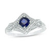 Thumbnail Image 0 of 5.0mm Cushion-Cut Lab-Created Blue Sapphire and 0.11 CT. T.W. Diamond Tilted Frame Ring in Sterling Silver