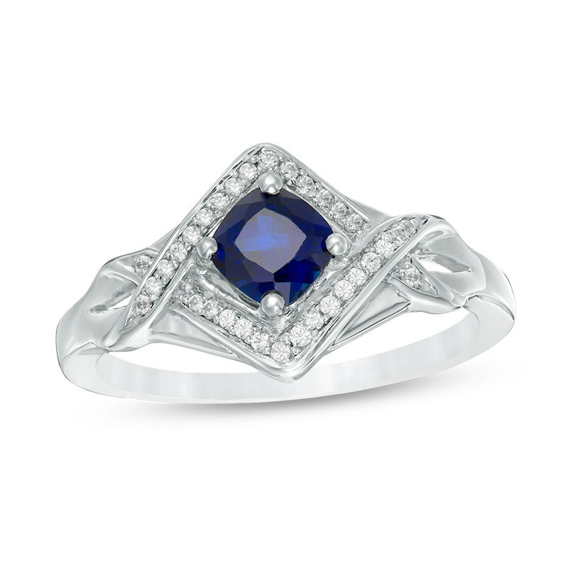 5.0mm Cushion-Cut Lab-Created Blue Sapphire and 0.11 CT. T.W. Diamond Tilted Frame Ring in Sterling Silver|Peoples Jewellers