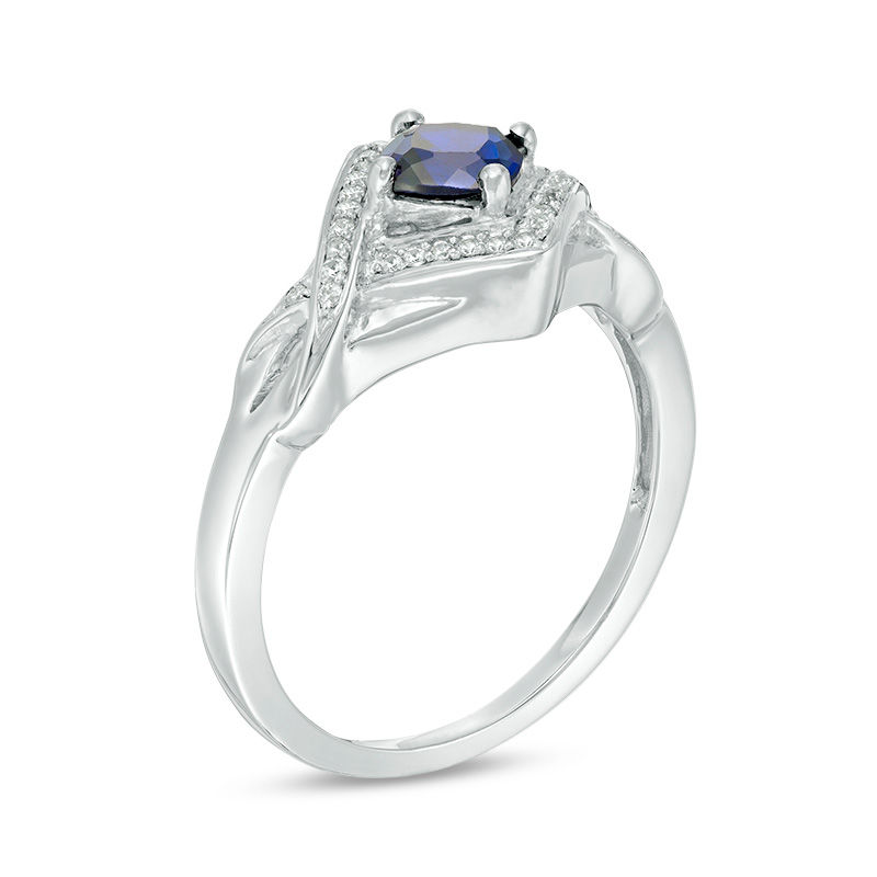 5.0mm Cushion-Cut Lab-Created Blue Sapphire and 0.11 CT. T.W. Diamond Tilted Frame Ring in Sterling Silver