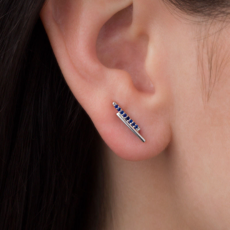 Lab-Created Blue Sapphire Stacked Double Bar Crawler Earrings in Sterling Silver|Peoples Jewellers