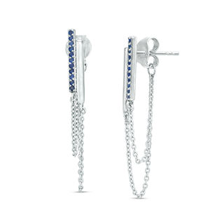 Lab-Created Blue Sapphire Double Bar and Chain Front/Back Earrings in Sterling Silver