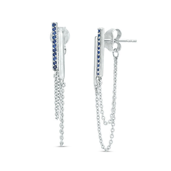 Lab-Created Blue Sapphire Double Bar and Chain Front/Back Earrings in Sterling Silver