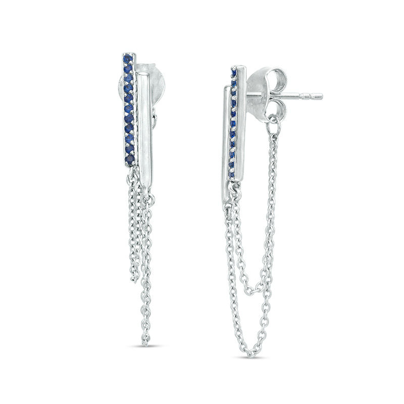 Lab-Created Blue Sapphire Double Bar and Chain Front/Back Earrings in Sterling Silver|Peoples Jewellers