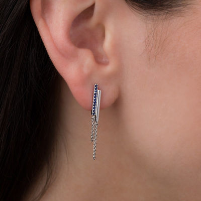 Lab-Created Blue Sapphire Double Bar and Chain Front/Back Earrings in Sterling Silver