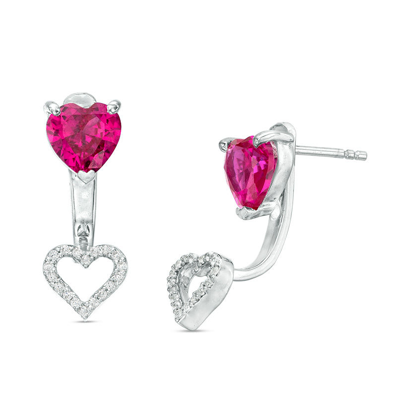 6.0mm Heart-Shaped Lab-Created Ruby and 0.09 CT. T.W. Diamond Stud Earrings with Drop Jackets in Sterling Silver|Peoples Jewellers