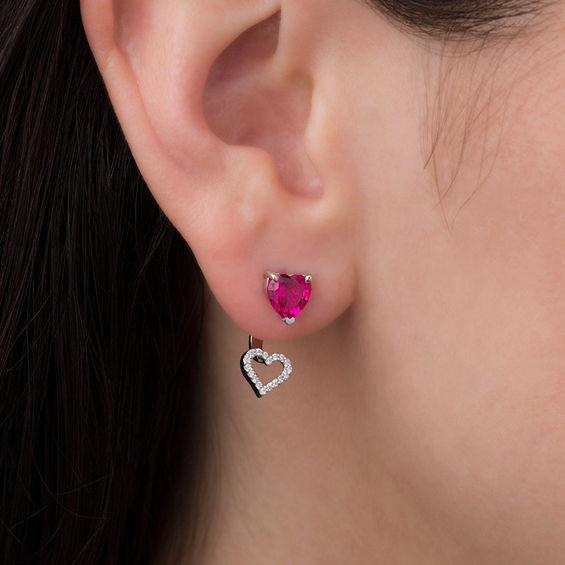 6.0mm Heart-Shaped Lab-Created Ruby and 0.09 CT. T.W. Diamond Stud Earrings with Drop Jackets in Sterling Silver