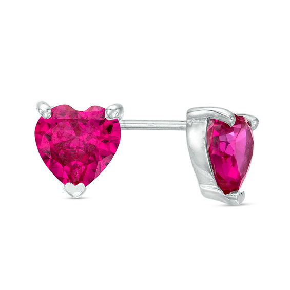 6.0mm Heart-Shaped Lab-Created Ruby and 0.09 CT. T.W. Diamond Stud Earrings with Drop Jackets in Sterling Silver