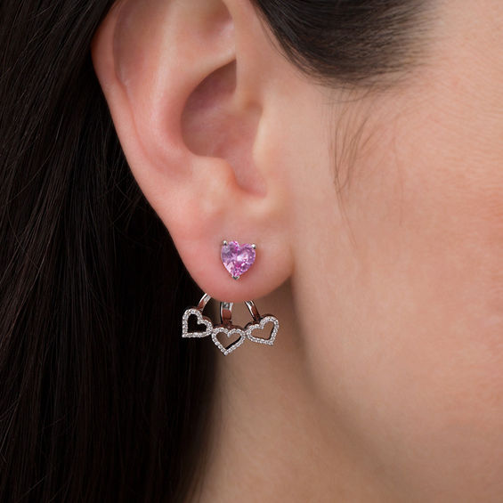 5.0mm Lab-Created Pink Sapphire and 0.18 CT. T.W. Diamond Stud Earrings and Fan Drop Jackets in Sterling Silver