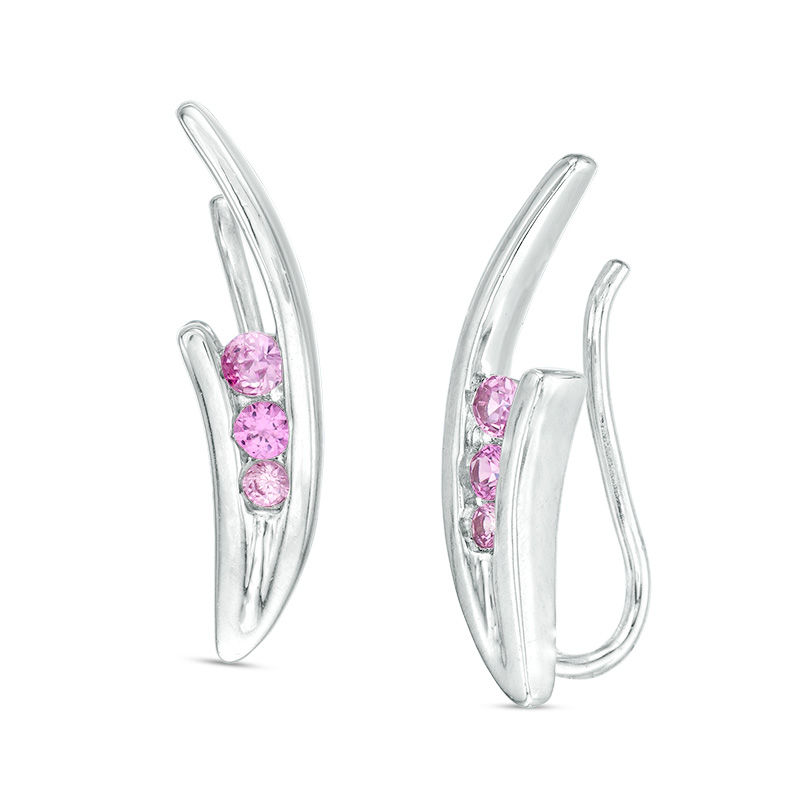 Lab-Created Pink Sapphire Three Stone Crawler Earrings in Sterling Silver|Peoples Jewellers