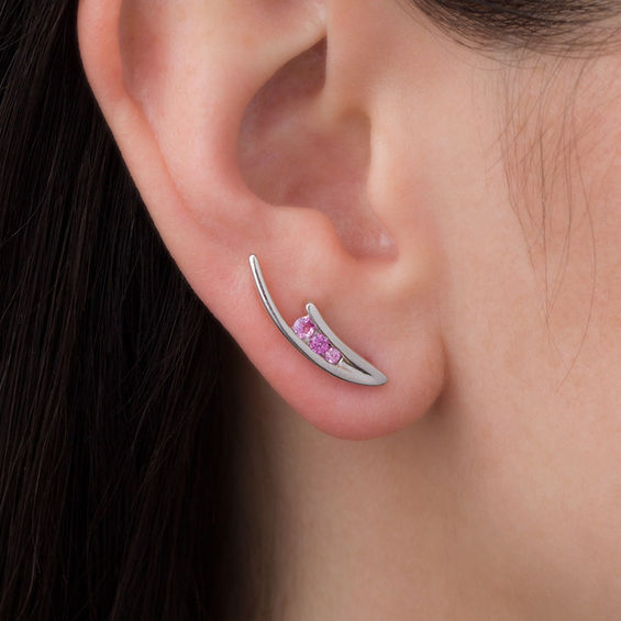 Lab-Created Pink Sapphire Three Stone Crawler Earrings in Sterling Silver