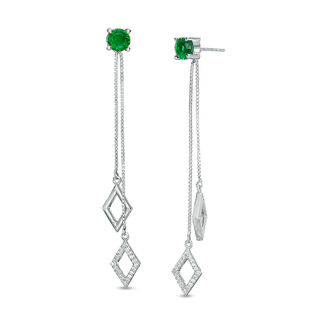 5.0mm Lab-Created Emerald and 0.11 CT. T.W. Diamond Two Strand Kite-Shaped Drop Earrings in Sterling Silver