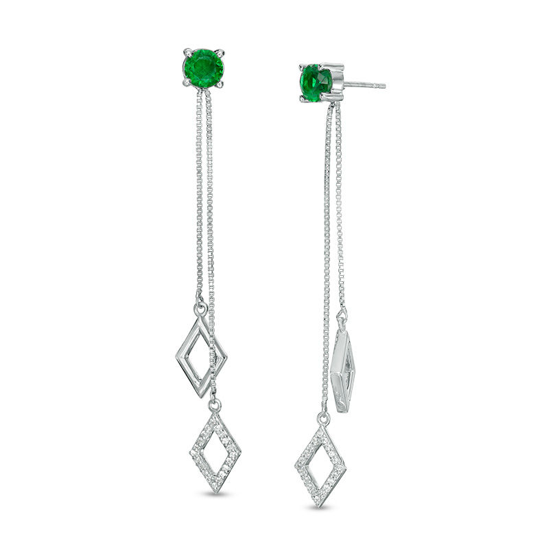 5.0mm Lab-Created Emerald and 0.11 CT. T.W. Diamond Two Strand Kite-Shaped Drop Earrings in Sterling Silver|Peoples Jewellers