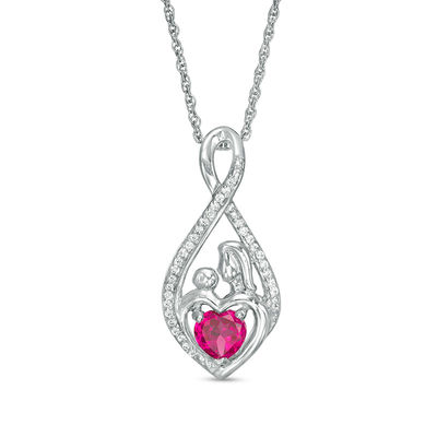 5.0mm Heart-Shaped Lab-Created Ruby and 0.09 CT. T.W. Diamond Motherly Love Pendant in Sterling Silver