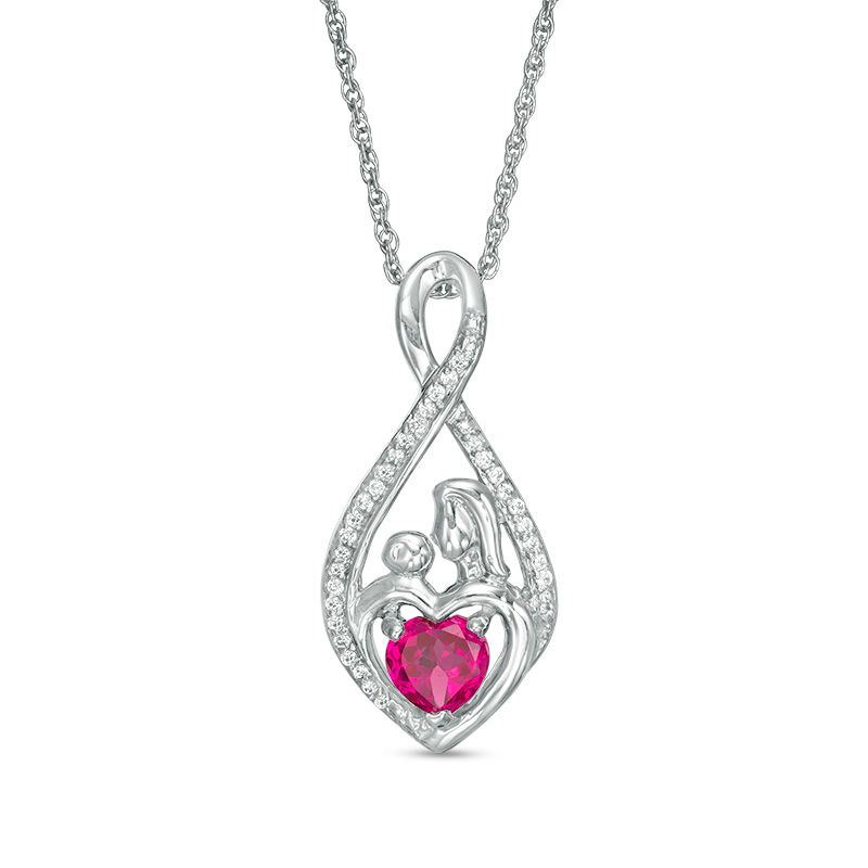 5.0mm Heart-Shaped Lab-Created Ruby and 0.09 CT. T.W. Diamond Motherly Love Pendant in Sterling Silver|Peoples Jewellers