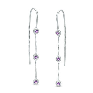 Amethyst Three Stone Threader Earrings in Sterling Silver