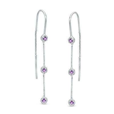 Amethyst Three Stone Threader Earrings in Sterling Silver