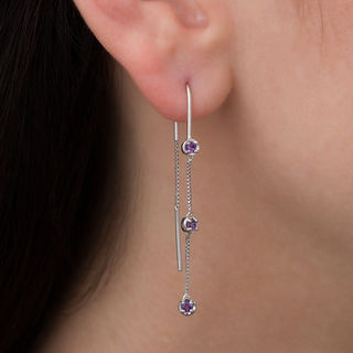 Amethyst Three Stone Threader Earrings in Sterling Silver