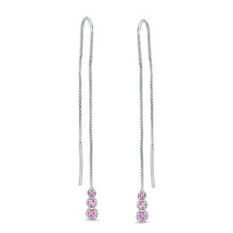 Lab-Created Pink Sapphire Three Stone Threader Earrings in Sterling Silver