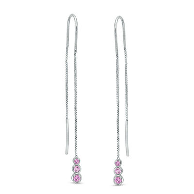 Lab-Created Pink Sapphire Three Stone Threader Earrings in Sterling Silver