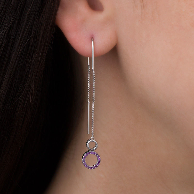 Amethyst Circle Threader Earrings in Sterling Silver