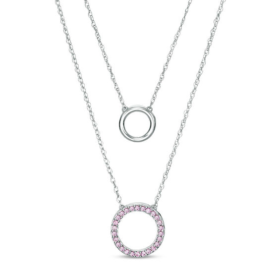 Lab-Created Pink Sapphire Circle Double Strand Necklace in Sterling Silver - 20"