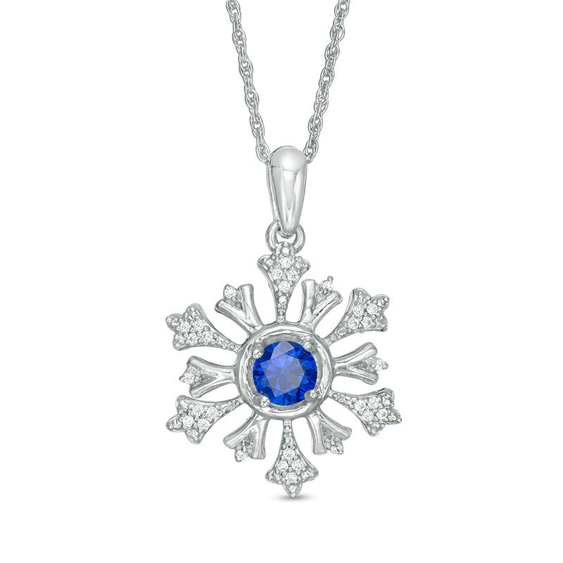4.5mm Lab-Created Sapphire and 0.09 CT. T.W. Diamond Snowflake Pendant in Sterling Silver|Peoples Jewellers