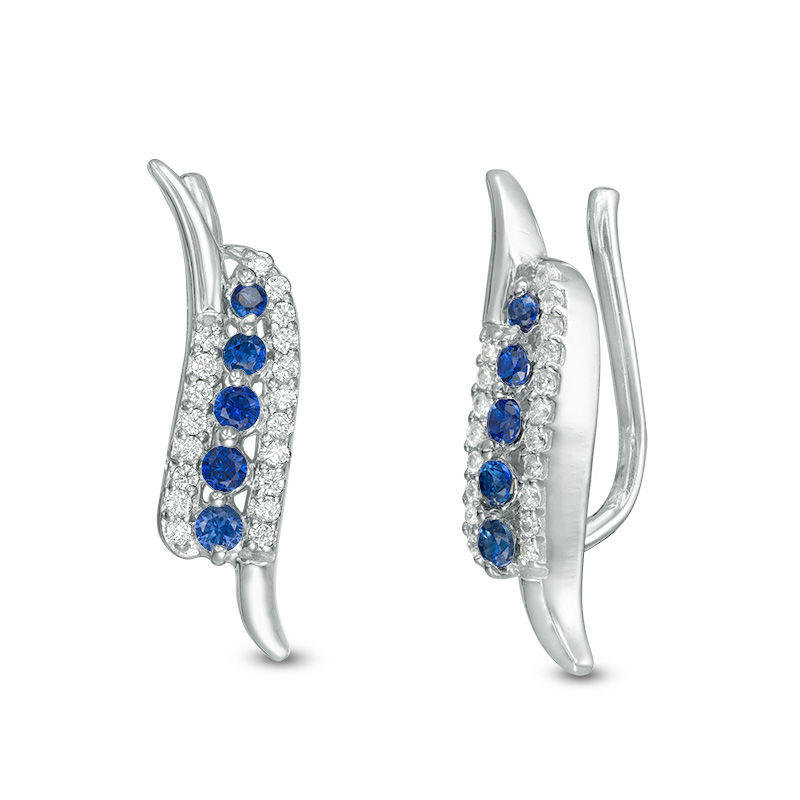 Lab-Created Blue Sapphire and 0.11 CT. T.W. Diamond Double Curve Crawler Earrings in Sterling Silver|Peoples Jewellers