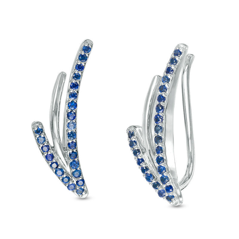 Lab-Created Blue Sapphire Split Curve Crawler Earrings in Sterling Silver|Peoples Jewellers