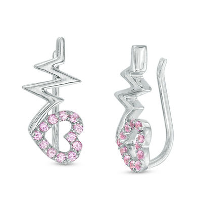 Lab-Created Pink Sapphire Heart with Heartbeat Crawler Earrings in Sterling Silver