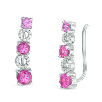 Lab-Created Pink Sapphire and 0.09 CT. T.W. Diamond Alternating Circle Crawler Earrings in Sterling Silver