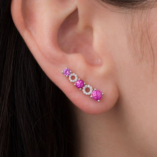 Lab-Created Pink Sapphire and 0.09 CT. T.W. Diamond Alternating Circle Crawler Earrings in Sterling Silver