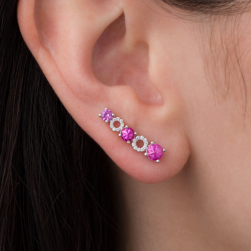 Lab-Created Pink Sapphire and 0.09 CT. T.W. Diamond Alternating Circle Crawler Earrings in Sterling Silver