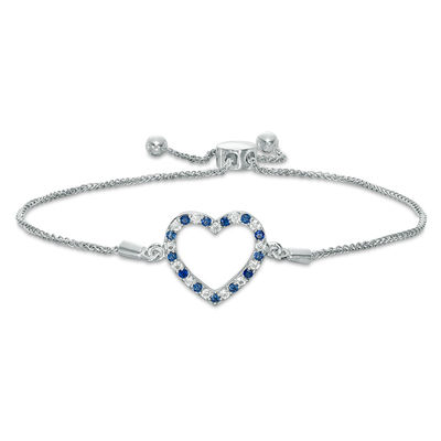 Lab-Created Blue and White Sapphire Heart Bolo Bracelet in Sterling Silver - 9.5"