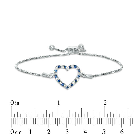 Lab-Created Blue and White Sapphire Heart Bolo Bracelet in Sterling Silver - 9.5"