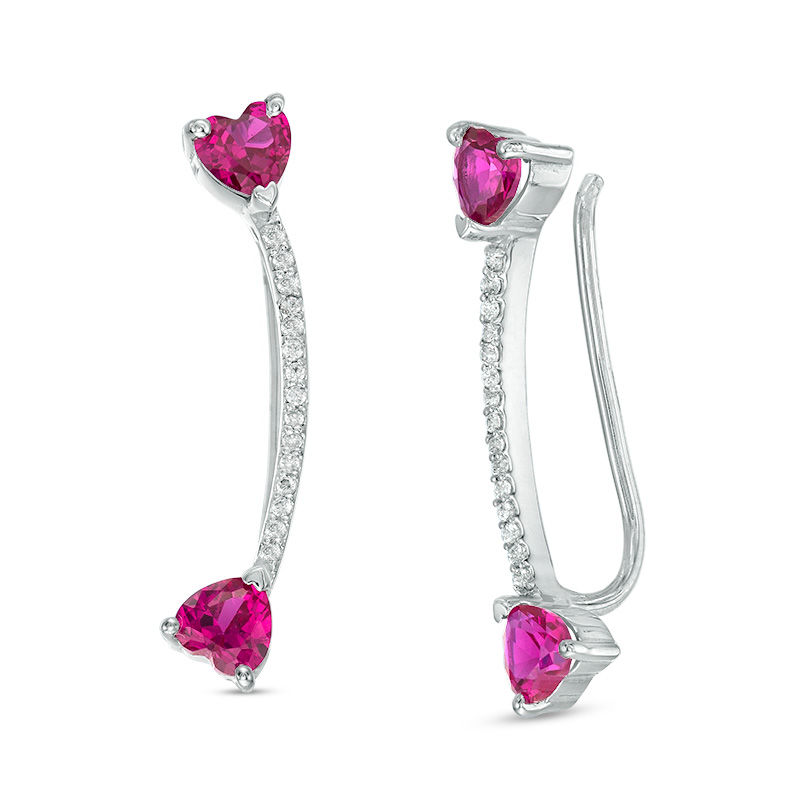 4.0mm Heart-Shaped Lab-Created Ruby and 0.09 CT. T.W. Diamond Crawler Earrings in Sterling Silver|Peoples Jewellers