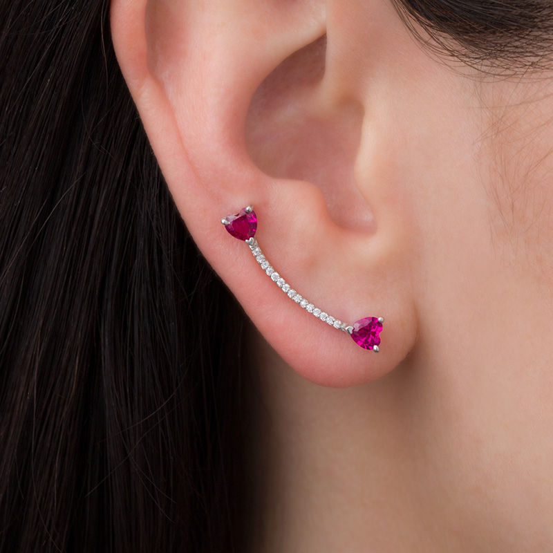 4.0mm Heart-Shaped Lab-Created Ruby and 0.09 CT. T.W. Diamond Crawler Earrings in Sterling Silver|Peoples Jewellers
