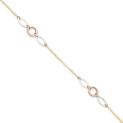 Circle with Oval Link Adjustable Anklet in 14K Tri-Tone Gold - 10"