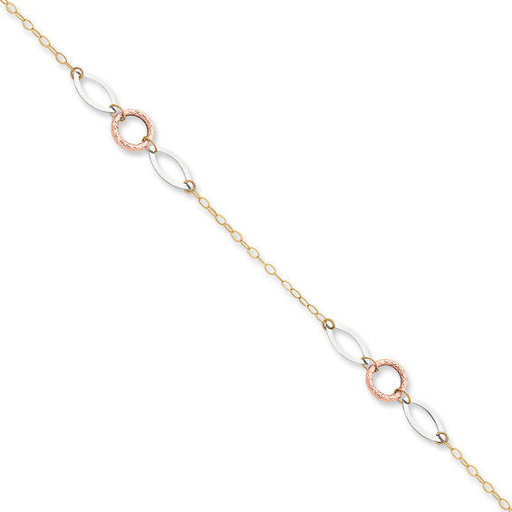 Circle with Oval Link Adjustable Anklet in 14K Tri-Tone Gold - 10"