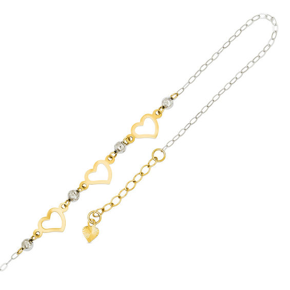 Diamond-Cut Triple Heart Anklet in 14K Two-Tone Gold - 10"