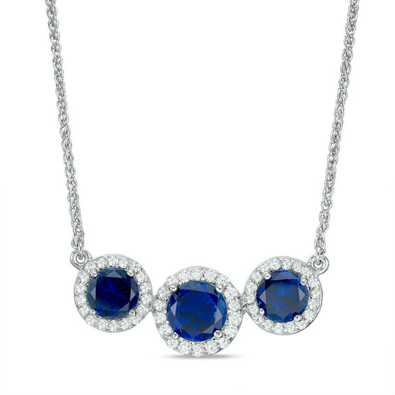 Lab-Created Blue and White Sapphire Frame Three Stone Bolo Necklace in Sterling Silver - 30"